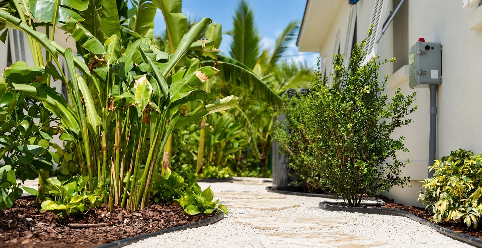 A pale garden path curving between lush tropical planting and a residence