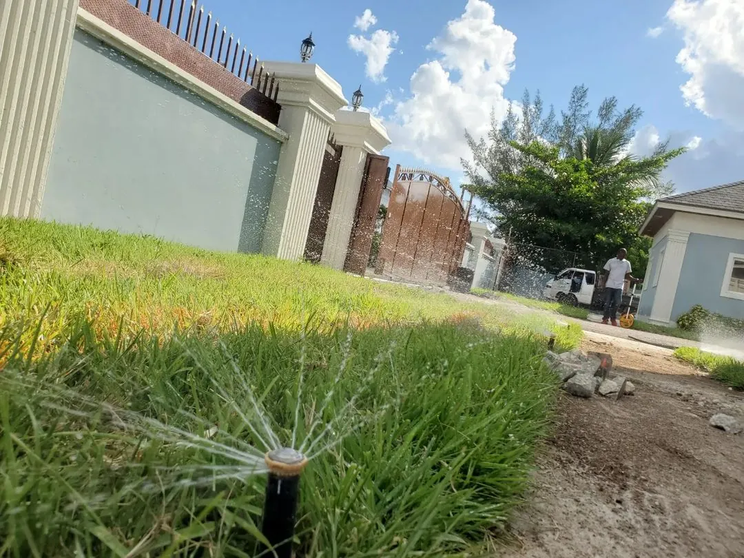 A sprinkler watering a green residential lawn