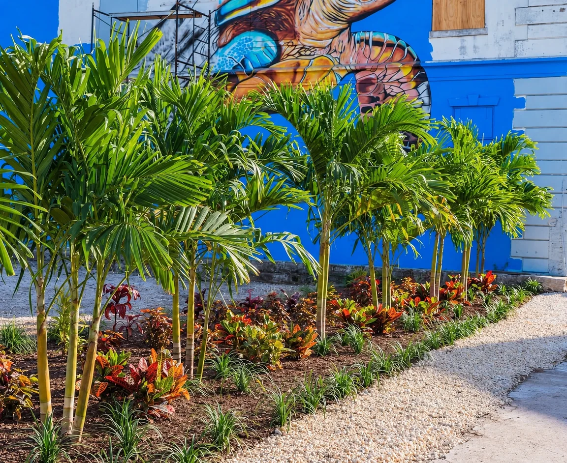 Palms and colourful foliage in a curved planting bed with a pale gravel edge, beside a blue mural wall