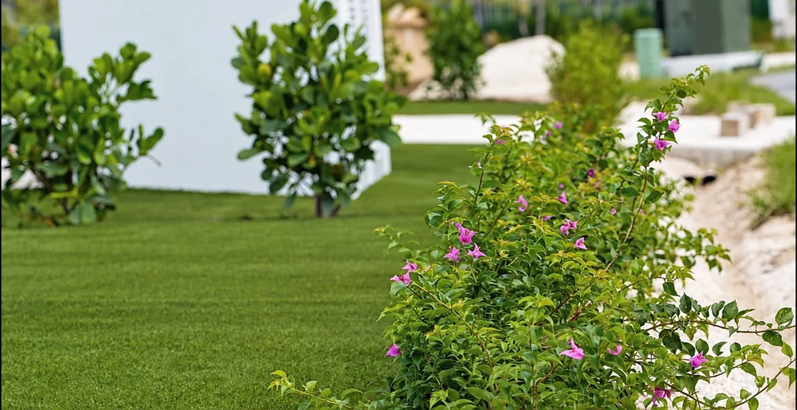 Green lawn beside a flowering hedge with pink blooms and small trees