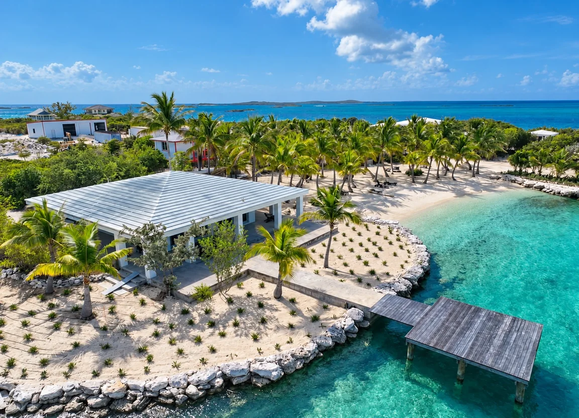 Aerial view of palms, sandy planted beds, a white building and a dock beside turquoise water